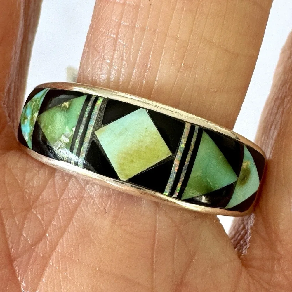 Navajo Turquoise Wedding Band Inlay Opal Multi Ring Sz 12.5 9mm Mens Tolino